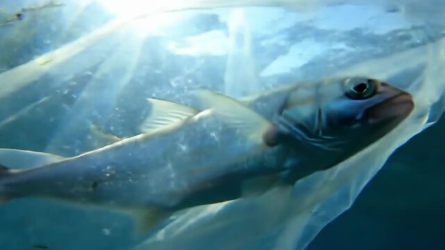 A Helpless Fish Suffocates, Trapped and Drifting Lifelessly in Plastic Ocean Pollution.