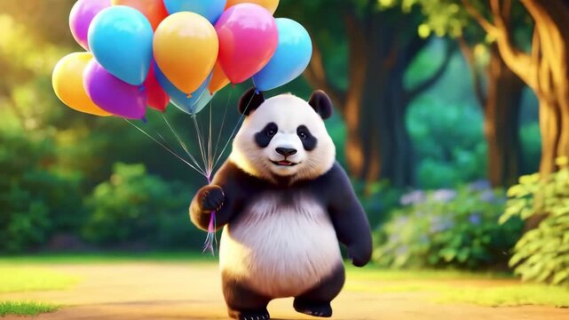 Adorable Animated Panda Walks Through a Sunny Park Carrying a Colorful Bouquet of Balloons.
