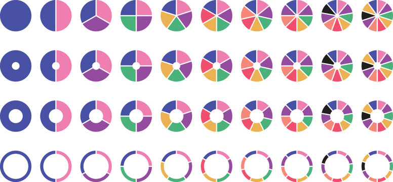 Circle pie chart diagram. 1,2,3,4,5,6,7,8,9,10, sections or steps. Flat process cycle. Progress sectors. Vector 10 eps.