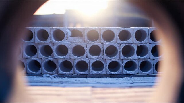 Stacked concrete blocks presenting a modular construction wall, viewed through the circular opening of a pipe, illustrating industrial materials and infrastructure development