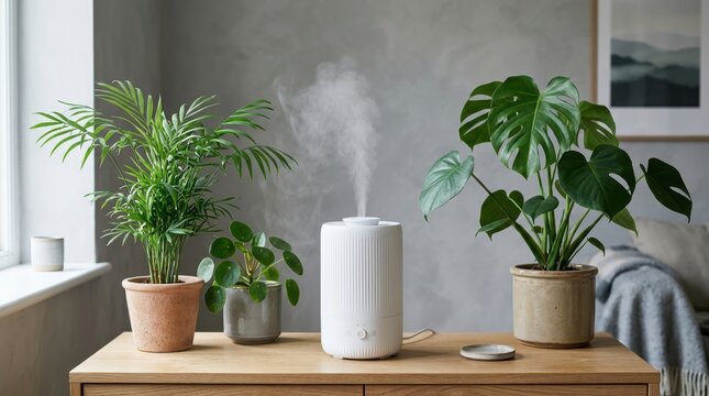 Modern air humidifier releasing mist among green houseplants on a wooden cabinet with humidifier, houseplants