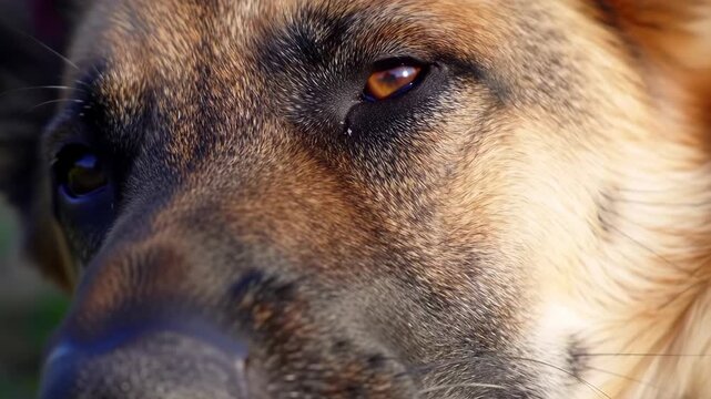 An Intense Close-Up Portrait of a Watchful German Shepherd Dogs Expressive Face and Eye.