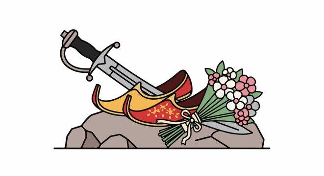 A sword rests on ornate shoes, a flower bouquet sits nearby on rocks