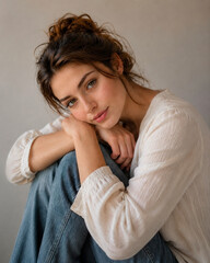 Fototapeta premium European woman portrait, natural beauty, soft studio light, neutral expression, minimalist background, realistic commercial style