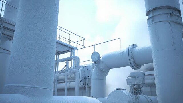 Industrial pipes covered in frost and ice, transporting energy and materials through a complex system, with steam rising against a cold sky, depicting energy production and cryogenic processes