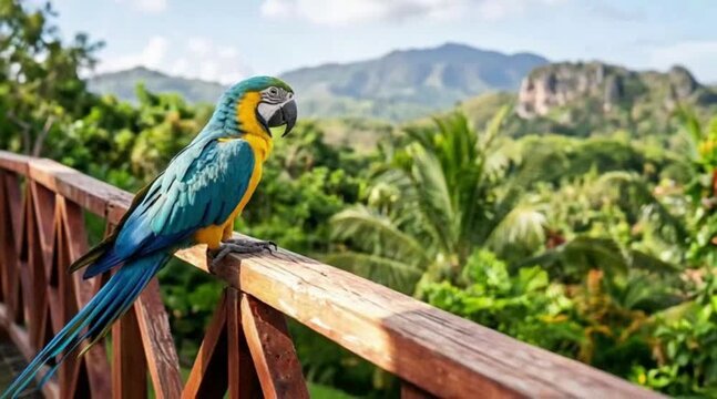 Colorful blue and yellow macaw perched on a wooden railing in a tropical setting with mountains