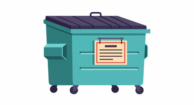 A teal-colored trash dumpster with a dark lid sits on wheels, displaying a notice