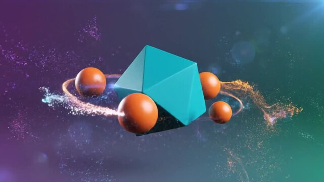 Abstract 3D animated scene with a teal geometric object and orange spheres with particle effects in a vibrant space