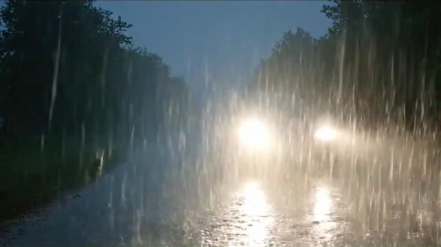 Driving through heavy rain on a dark road with headlights illuminating the downpour