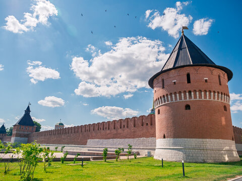 Historic Tula Kremlin fortress wall and Nikitskaya Tower standing tall under a beautiful summer sky