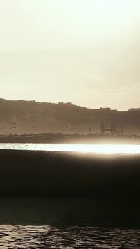 Vertical video: Jogging runner in gear at dawn, moving along wet sand past sunlit sea, copy space
