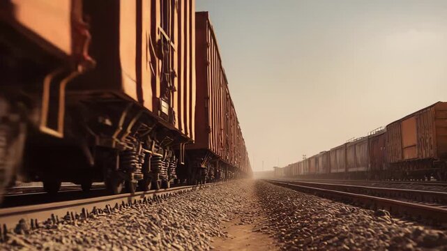 Long freight trains moving on parallel tracks, carrying cargo across the landscape, illustrating industrial transportation and global logistics under a clear sky