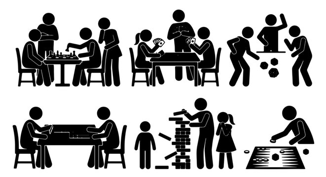 Diverse Group Activities Vector Set: People Playing Board Games, Card Games, Chess, Jenga, and Dice Games, Casual Leisure Entertainment Icons