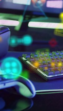 Vertical video: Camera panning right, white controller and keyboard revealing UI, showing gear