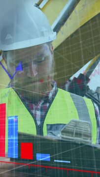 Vertical video: Construction worker tapping device, checking data while HUD graphs expanding