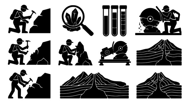 Geology Icons Set: Rock Mining, Crystal Magnification, Volcanic Activity, and Scientific Research Tools for Earth Science Exploration