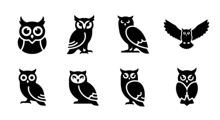 Fototapeta premium Set of 8 Black Owl Icons, Vector Silhouettes for Wildlife and Nature Designs, Minimalist Bird Graphics