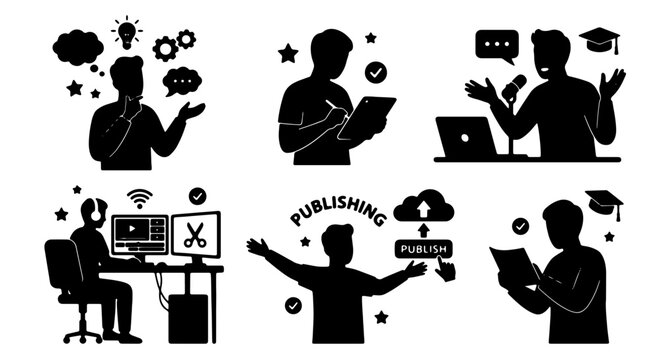 Business Idea Generation, Digital Publishing, and Online Learning Vector Icons Set: Silhouette Concepts for Creative Workflows and Education