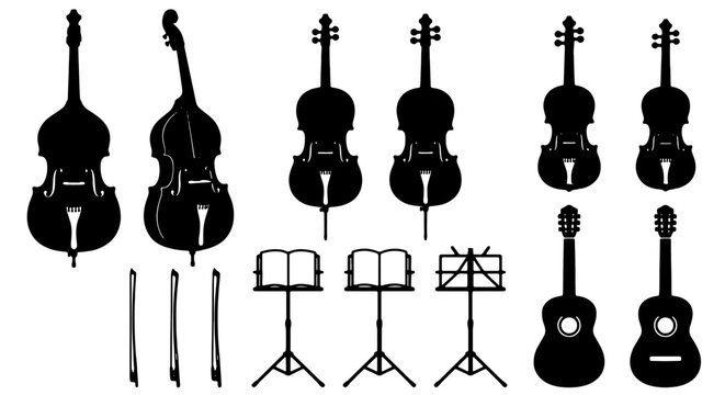 Vector Silhouette Collection: Double Bass, Cello, Violin, Guitar, Bows, and Music Stands. Classical Orchestra and Band Instruments for Music Design.