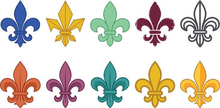 Colorful Fleur de Lis Symbol Collection Flat Vector Set with Multiple Styles and Vibrant Color Variations