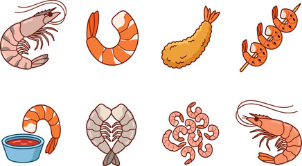 Obraz premium Shrimp and Prawn Seafood Vector Set with Fried Tempura Skewer Cocktail Sauce and Peeled Flat Illustration Collection
