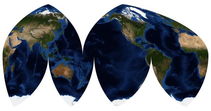 Interrupted Boggs projection world map animation. Longitude shift rotation. High detail physical map of Earth. June View. Elements of this video furnished by NASA.