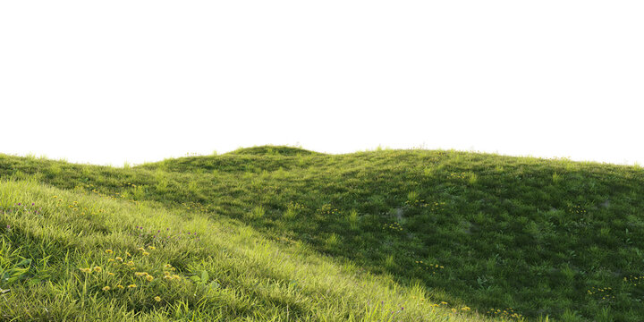 Rolling grassy hill terrain isolated on transparent background for landscape and environment design asset. 3D rendering.