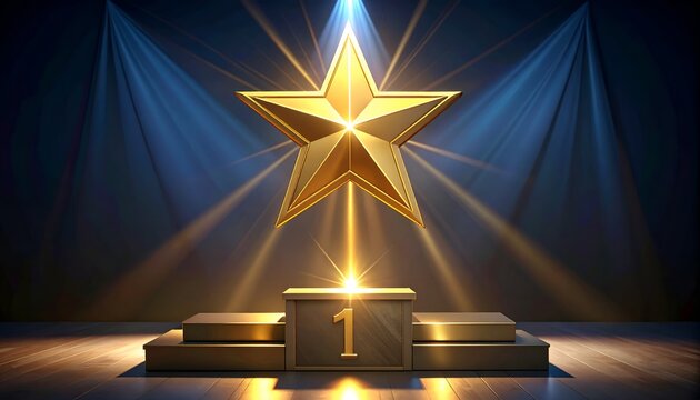 Award concept with illuminated star above number one podium, illustrating victory, success, and outstanding performance.