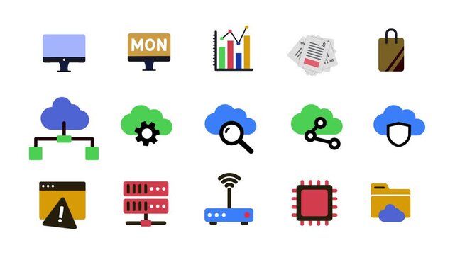 Modern flat technology and business icon set animation. featuring cloud computing, analytic, networking, cyber security, server storage, wireless internet, finance, online documents.