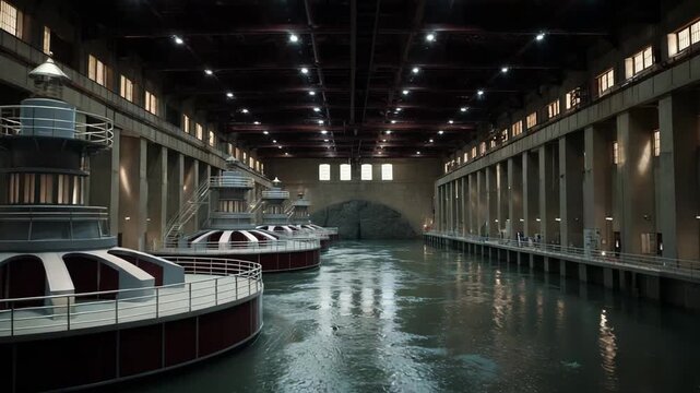 Hydroelectric plant interior showing massive turbines and generators converting powerful water flow into renewable, clean electricity and sustainable energy infrastructure