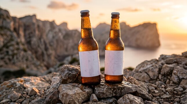 Two cold beer bottles with blank labels on rocky coast at sunset