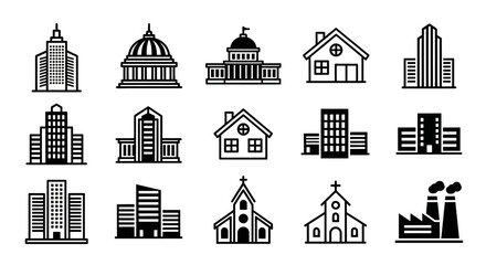 Fototapeta premium Black and white vector illustrations of various buildings and structures