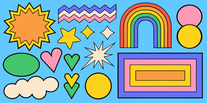 Colorful retro shapes and patterns collection 1990s inspired clip art style on blue background