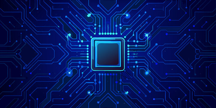 glowing microchip cpu with blue circuit board pattern on dark background