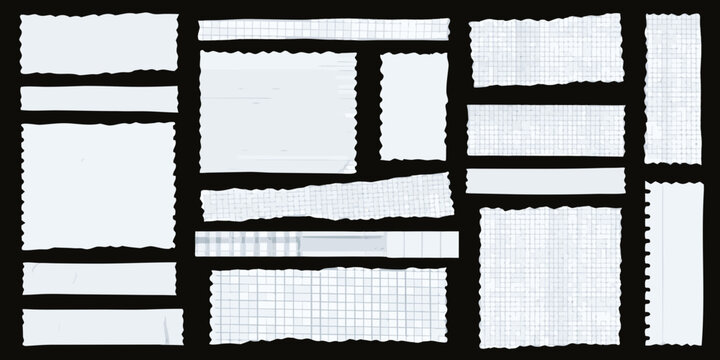 Torn notebook paper fragments collage with grid and lined patterns isolated on black
