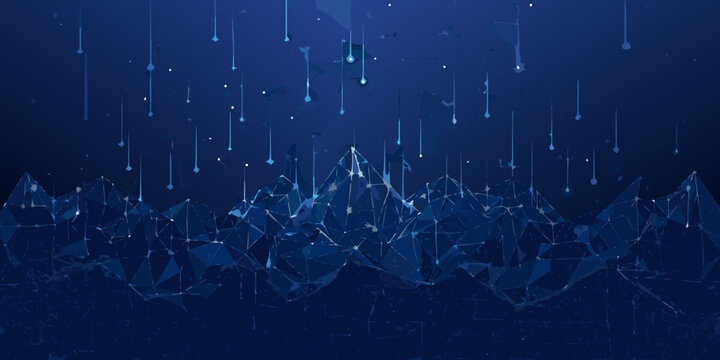abstract low poly mountain range with falling lines dark blue digital illustration