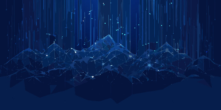 low poly mountain range illustration with geometric shapes and a dark blue background