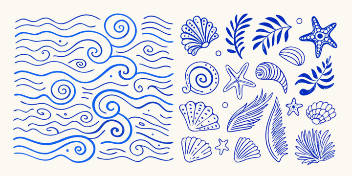 hand drawn nautical doodle set with waves shells and starfish in blue ink