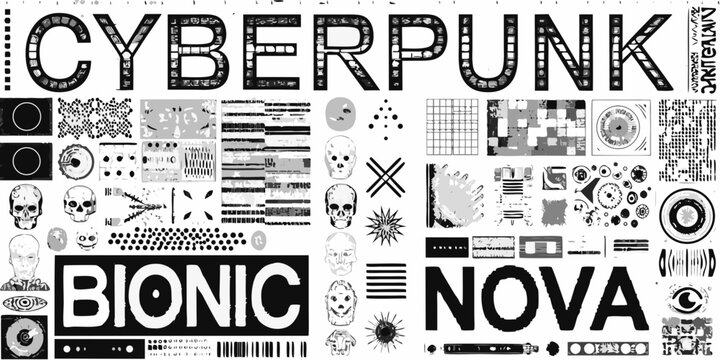 Cyberpunk collage with skulls eyes and mechanical elements in monochrome style