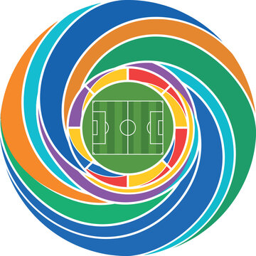 Colorful soccer stadium seating chart with green field and white lines