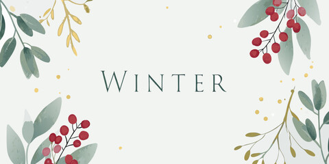 watercolor winter floral arrangement with berries and leaves on a pale background © Bijoy