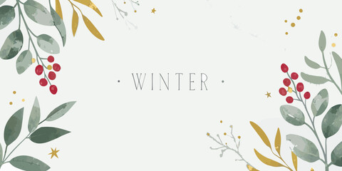watercolor winter botanical frame with berries and leaves on a pale background © Bijoy