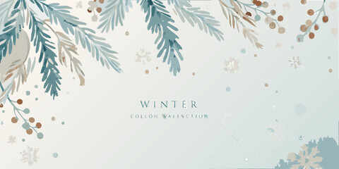 watercolor pine branches and berries in cool teal and beige tones winter botanical illustration © Bijoy