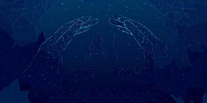 Wireframe hands reaching towards each other with ai text polygonal blue background