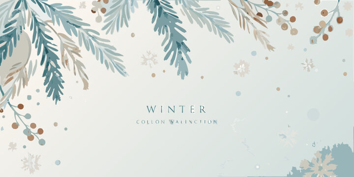 watercolor pine branches and berries in cool teal and beige tones winter botanical illustration