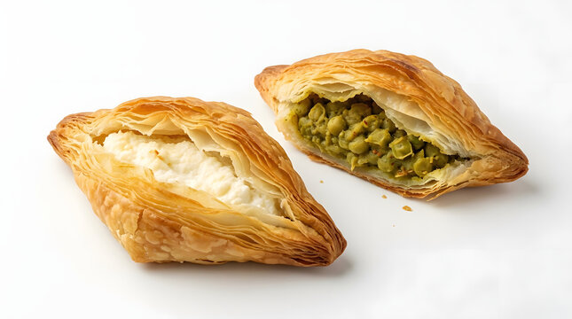 Authentic Maltese Pastizzi pastries with flaky crust and ricotta pea filling, isolated on white background