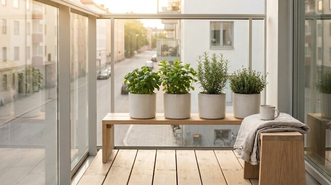 Potted fresh herbs on a wooden bench inside a bright apartment balcony