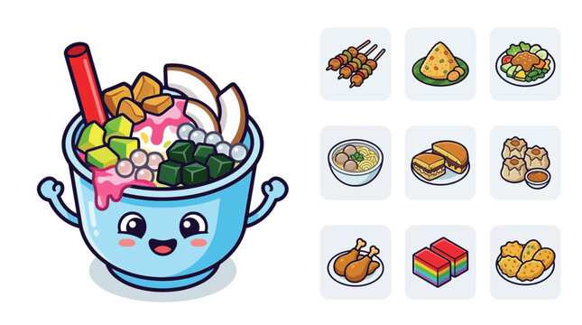 Cute chibi flat vector illustration featuring a kawaii blue bowl character of Indonesian Es Teler dessert alongside food icons like satay, nasi tumpeng, bakso, and martabak.