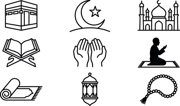 islamic symbols and icons set black line art on white