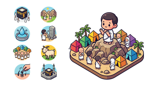 Cute chibi flat vector illustration set showing Hajj and Umrah pilgrimage steps including Kaaba, Mount Arafat prayer, Zamzam water, stoning the devil, and Mina tent city.